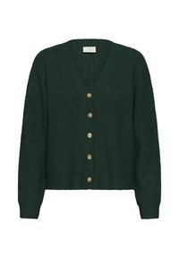 Tmavozelený pletený cardigan s výstrihom do V, dlhými rukávmi a šiestimi drevenými gombíkmi na prednej strane. Celoplošný textúrovaný vzor.