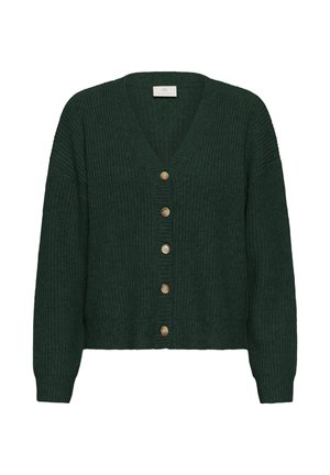 Donkergroene gebreide cardigan met een V-hals, lange mouwen en zes houten knopen aan de voorkant. Gevoelige structuur over het geheel.