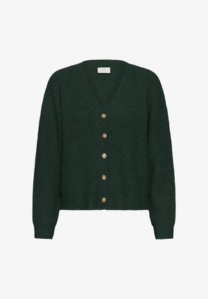 Dunkelgrüne Strickjacke mit V-Ausschnitt, langen Ärmeln und sechs Holzknöpfen auf der Vorderseite. Strukturmuster im gesamten Design.