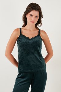 Sötétzöld bársonyos camisole vékony pántokkal és csipkebetéttel a nyakvonal mentén, puha tapintású és laza szabású.
