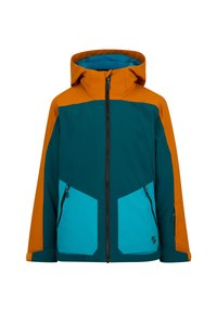 Bunte Jacke mit orangefarbener Kapuze und Schulterpartie, türkisfarbenem Körper und aqua-farbenen Taschen. Hergestellt aus strukturiertem Stoff mit vorderem Reißverschluss.