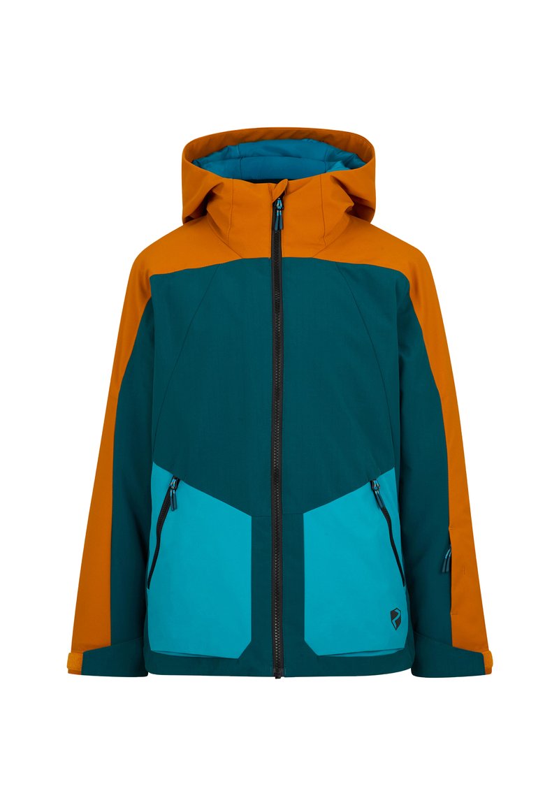 Bunte Jacke mit orangefarbener Kapuze und Schulterpartie, türkisfarbenem Körper und aqua-farbenen Taschen. Hergestellt aus strukturiertem Stoff mit vorderem Reißverschluss.