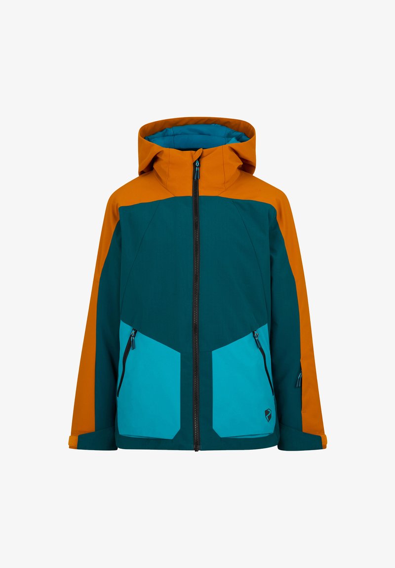 Bunte Jacke mit orangefarbener Kapuze und Schulterpartie, türkisfarbenem Körper und aqua-farbenen Taschen. Hergestellt aus strukturiertem Stoff mit vorderem Reißverschluss.