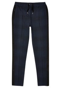 Námořnické kostičkované tepláky s měkkou texturou, s černými bočními panely a nastavitelným páskem na šňůrku. Vhodné pro každodenní nošení.