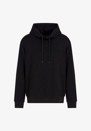 Zwarte hoodie met een gestructureerd patroon, voorzien van een capuchon met trekkoord en geribbelde manchetten en zoom. Gemaakt van een zachte, lichte stof.