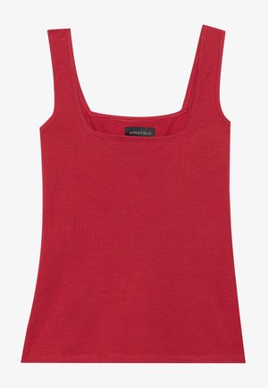 Rode, mouwloze tanktop met een vierkante halslijn. Gemaakt van gladde stof met een minimale textuur, met het label "ANNA FIELD" aan de binnenkant.