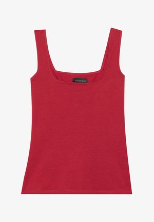 Rode, mouwloze tanktop met een vierkante halslijn. Gemaakt van gladde stof met een minimale textuur, met het label "ANNA FIELD" aan de binnenkant.