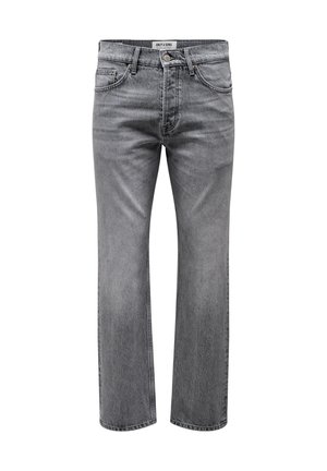 Grijze denim jeans met een rechte snit, voorzien van voorzakken, een ritssluiting en een merketiket op de tailleband. Lichte slijtage zichtbaar.