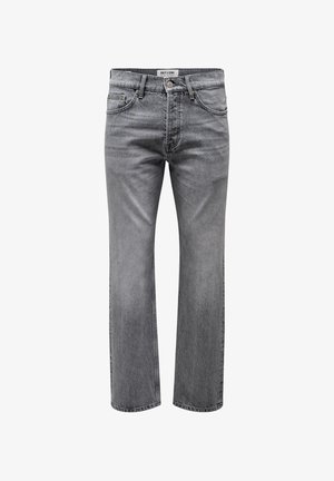 Szürke farmernadrág egyenes vonalú szabással, elülső zsebekkel, cipzáras frontrésszel és márkacímkével a deréknál. Enyhe kopás látható.