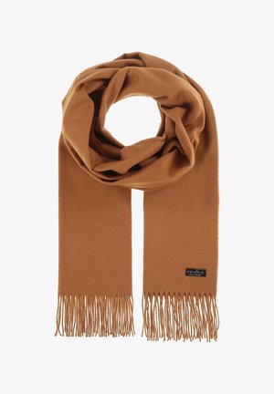 Brown scarf made of soft fabric, featuring fringed edges and a logo tag. Loosely wrapped in a circular shape.