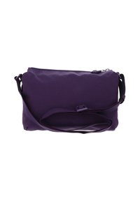 Sac bandoulière en tissu violet avec une surface texturée, une fermeture éclair, une sangle réglable et une forme rectangulaire minimaliste.