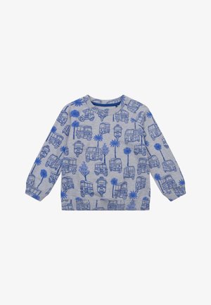 Grijze trui met een blauw motief van voertuigen en palmbomen. Lange mouwen met een ronde halslijn en geribbelde zoom. Zachte stoftextuur.