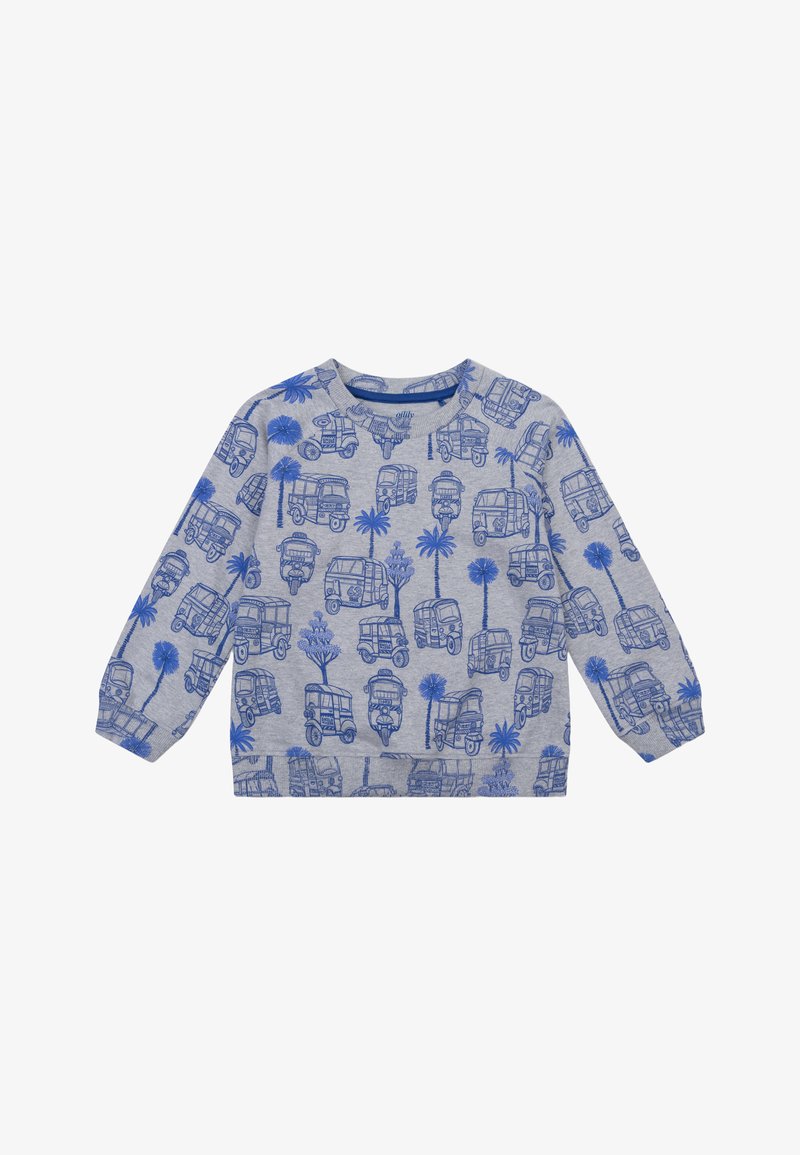 Grijze trui met een blauw motief van voertuigen en palmbomen. Lange mouwen met een ronde halslijn en geribbelde zoom. Zachte stoftextuur.