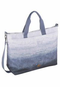 Grote tote bag met een gradient ontwerp van lichtblauw naar donkerblauw, gemaakt van gestructureerde stof. Beschikt over dubbele handvatten en een afneembare schouderriem.