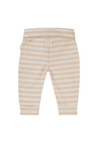 Gestreepte babypants van zacht katoen, met horizontale lijnen in lichtbeige en wit, een elastische tailleband en taps toelopende manchetten.