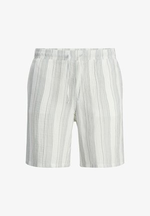 Linen kratke hlače s uzorkom bijelih i svijetloplavih pruga, s elastičnom pojasnicom i vezicom, koje nude teksturirani završni izgled.