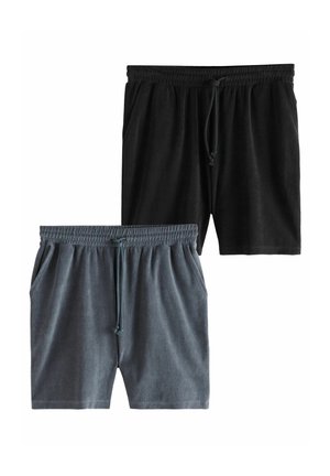 Two pairs of shorts in black and dark gray, made from soft fabric, featuring elastic waistbands and side pockets.