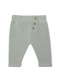 Hellgrüne Strickhose mit umgeschlagenem Saum, elastischem Bund und drei dekorativen Holzknöpfen auf der Vorderseite.