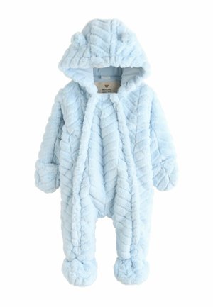 Helle blaue Babyn Schneeanzug aus weichem, plüschigem Stoff, mit einem strukturierten, vertikalen Streifenmuster, einer Kapuze mit Ohrenakzenten und Fußteilen.