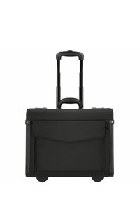 Maletín rodante negro fabricado con tela duradera, que cuenta con un asa retráctil, bolsillo frontal y dos ruedas para una fácil movilidad.