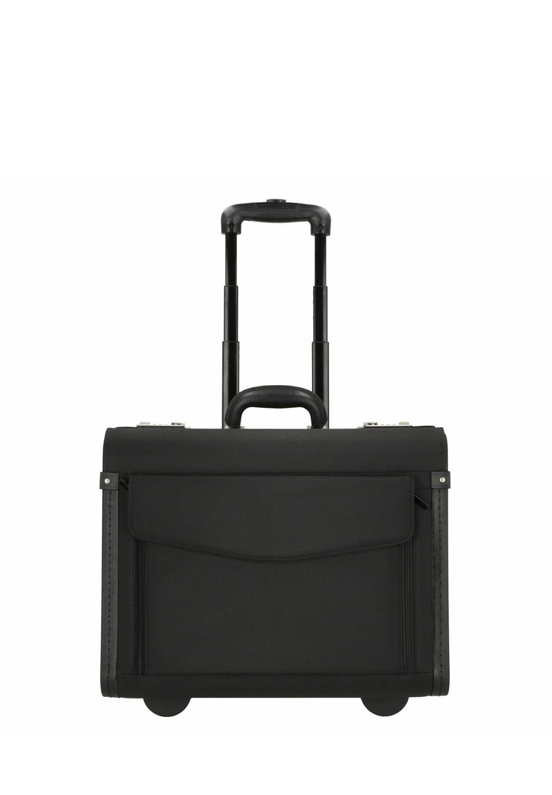 Maletín rodante negro fabricado con tela duradera, que cuenta con un asa retráctil, bolsillo frontal y dos ruedas para una fácil movilidad.