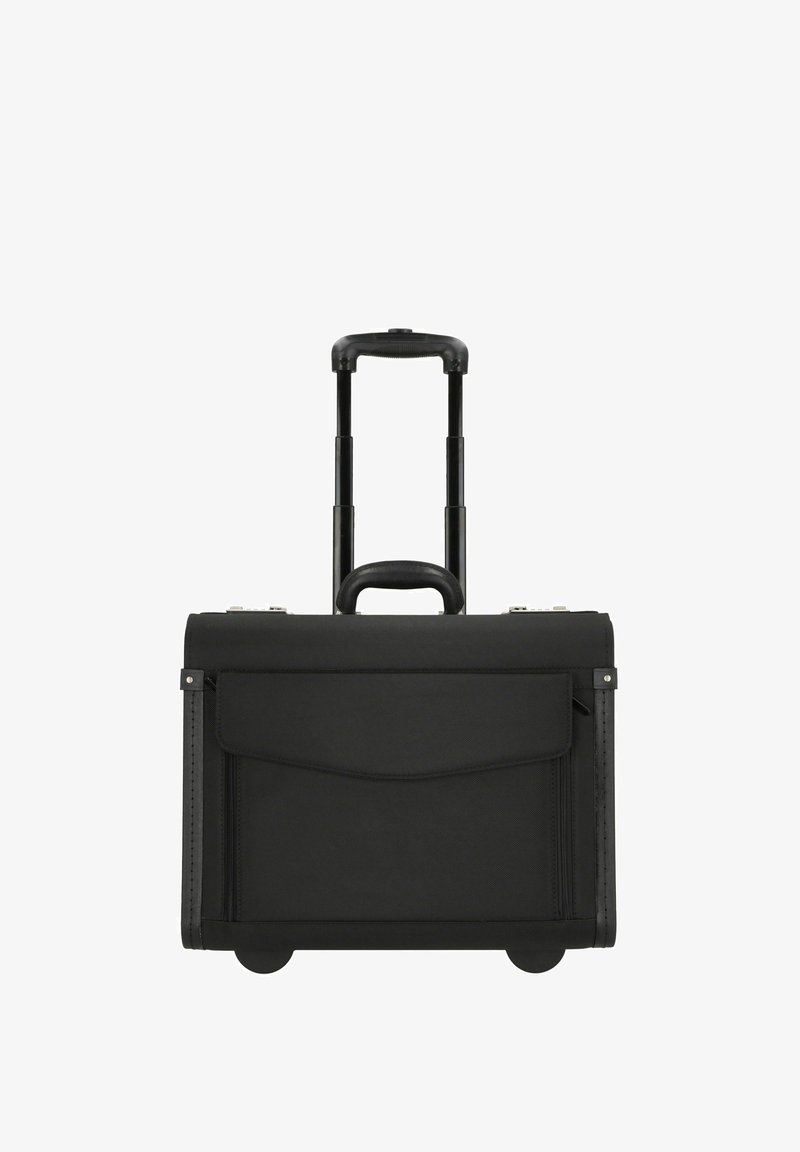 Schwarze Rollkoffer aus strapazierfähigem Stoff, mit ausziehbarem Griff, Fronttasche und zwei Rollen für einfache Mobilität.