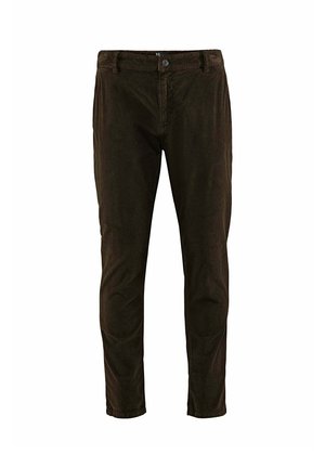 Pantaloni da uomo in velluto a coste marrone scuro con chiusura con bottone e cerniera, passanti per cintura e design slim fit.