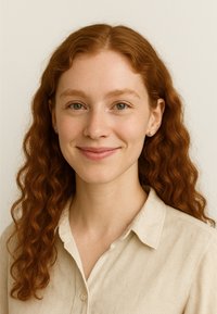 Porträt einer Person mit welligem, roten Haar, die ein hellbeiges Hemd mit Kragen trägt. Zu den Merkmalen gehören grüne Augen und kleine Steckerohrringe.