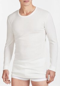 Maglia bianca a maniche lunghe realizzata in un tessuto liscio e leggero. Presenta un collo a giro e maniche aderenti, indossata con boxer bianchi.