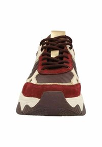 Sneaker with a burgundy suede upper, cream leather accents, and a textured mesh panel. Features a chunky white sole and brown laces.