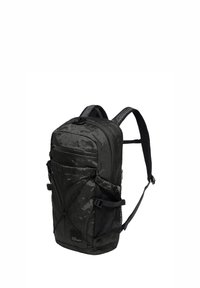 Zaino nero con un tessuto durevole e testurizzato, multiple tasche, pannelli laterali in rete e spalline regolabili. Design elegante e moderno.