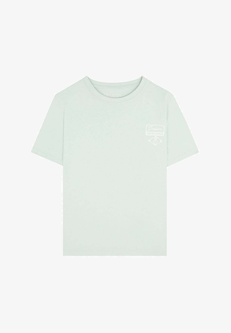 Světlá mátová krátkosrstá tričko vyrobené z bavlny s kulatým výstřihem, s malým bílým logem na horním levém prsu.