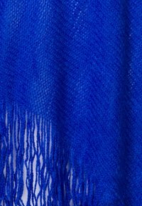 Stola blu intrecciata con un motivo a spina di pesce, con lunghe frange su un lato, realizzata in un materiale morbido e testurizzato.