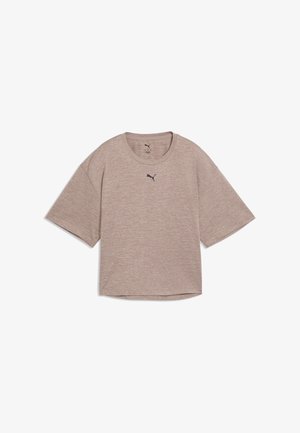 Short-sleeve, crew neck t-shirt in light beige fabric with a heathered texture. Features a small black Puma logo on the chest.