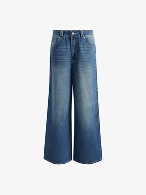 Wide-leg blue denim jeans with a faded finish, featuring a classic five-pocket design, button closure, and belt loops. Textured fabric.