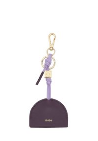 Oval, purple leather keychain holder with a gold clasp, featuring a lavender strap and a small logo plate embossed with "DUDU."