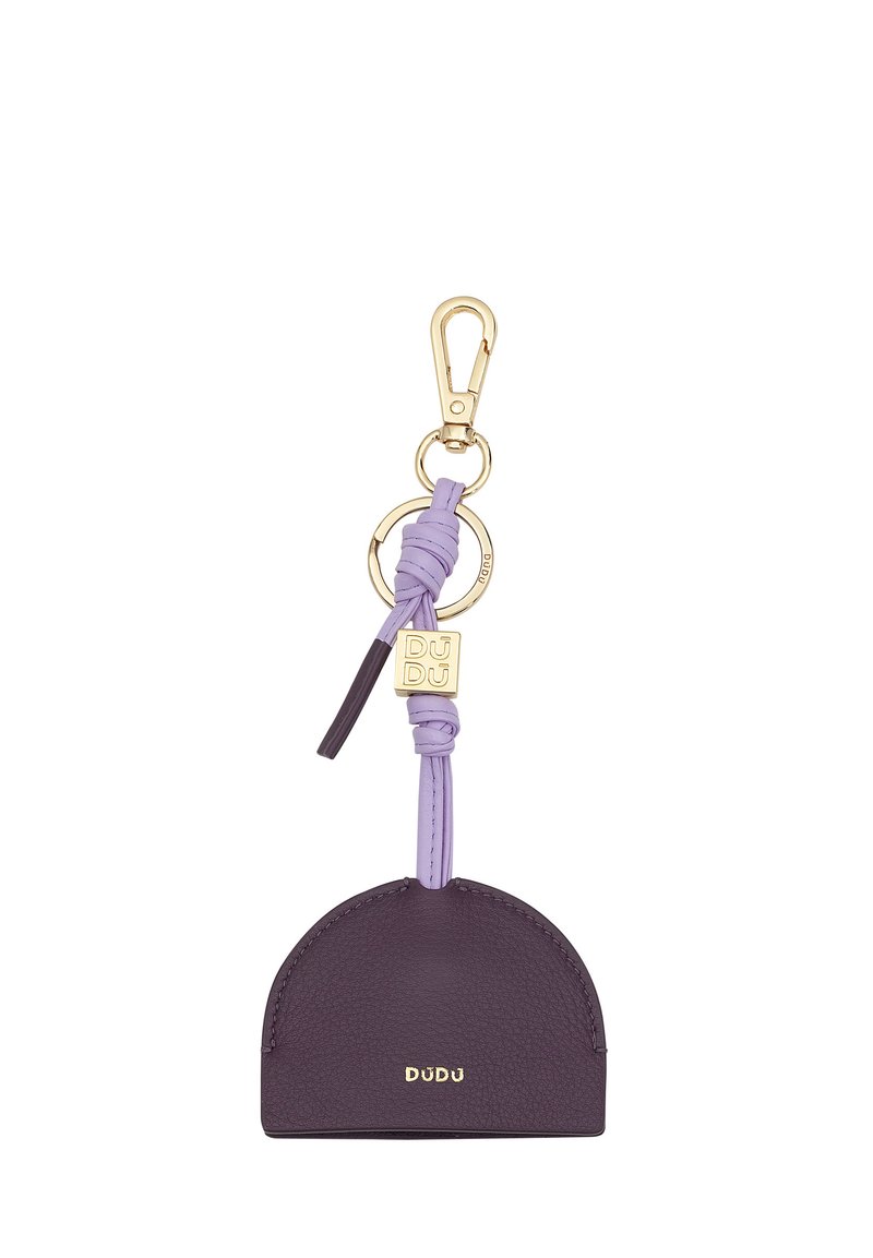 Oval, purple leather keychain holder with a gold clasp, featuring a lavender strap and a small logo plate embossed with "DUDU."
