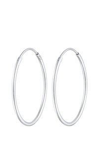 Orecchini a cerchio in argento, con una superficie liscia e lucida, forma ovale allungata, chiusura sicura e marchiati con 925 per indicare l'argento sterling.
