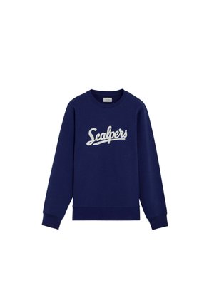 Sudadera azul marino de manga larga con puños y dobladillo acanalados, con la palabra "Scalpers" en texto cursivo blanco en el pecho.