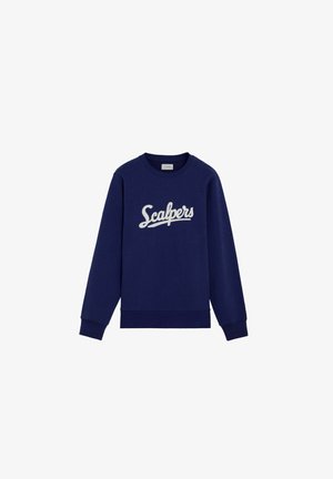 Sudadera azul marino de manga larga con puños y dobladillo acanalados, con la palabra "Scalpers" en texto cursivo blanco en el pecho.