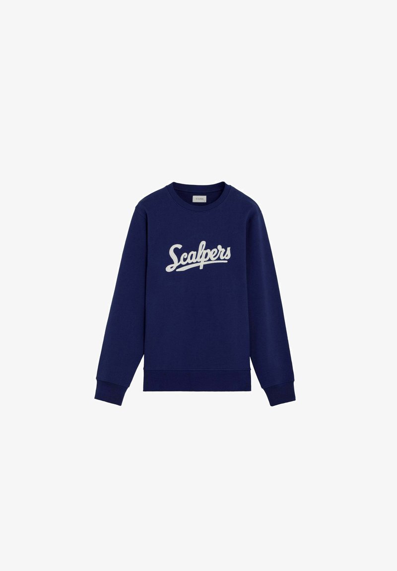 Sweat-shirt à manches longues bleu marine avec poignets et ourlet côtelés, portant le texte "Scalpers" en cursive blanche sur la poitrine.