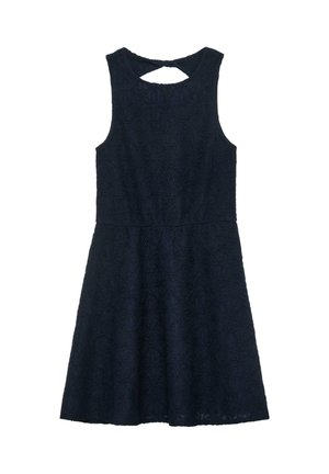 Mouwloze marineblauwe kanten jurk met een getailleerde taille en een sleutelgat uitsnijding aan de bovenrug, knie-lengte zoom.