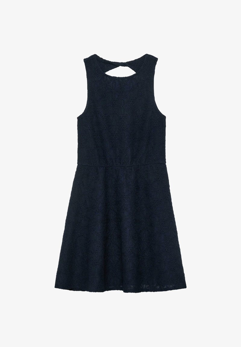 Robe sans manches en dentelle bleu marine avec une taille cintrée et une ouverture en forme de trou de serrure dans le haut du dos, ourlet à hauteur des genoux.
