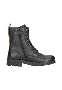 Zwarte leren enkelboots met een gestructureerde afwerking, gouden oogjes, veters aan de voorkant en een ritssluiting aan de zijkant. Stevige zwarte rubberen zool.