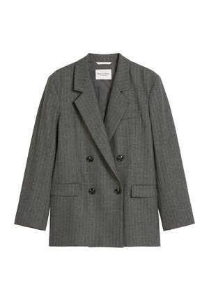 Grijze dubbele blazer gemaakt van textuurstof met dunne verticale strepen. Heeft gekartelde revers en twee voorkruiszakken, gedetailleerde knopen.
