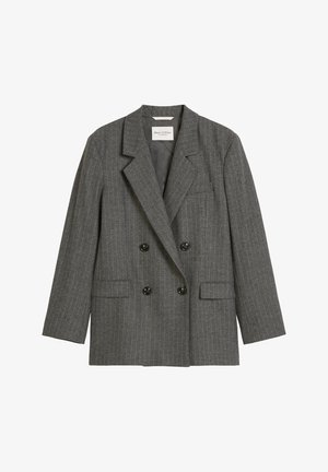 Grijze dubbele blazer gemaakt van textuurstof met dunne verticale strepen. Heeft gekartelde revers en twee voorkruiszakken, gedetailleerde knopen.