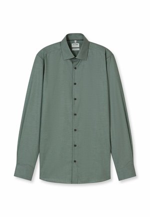 Langärmeliges Hemd aus gedämpft grünem Stoff mit dezentem Muster, klassischem Kragen und schwarzen Knöpfen vorne.
