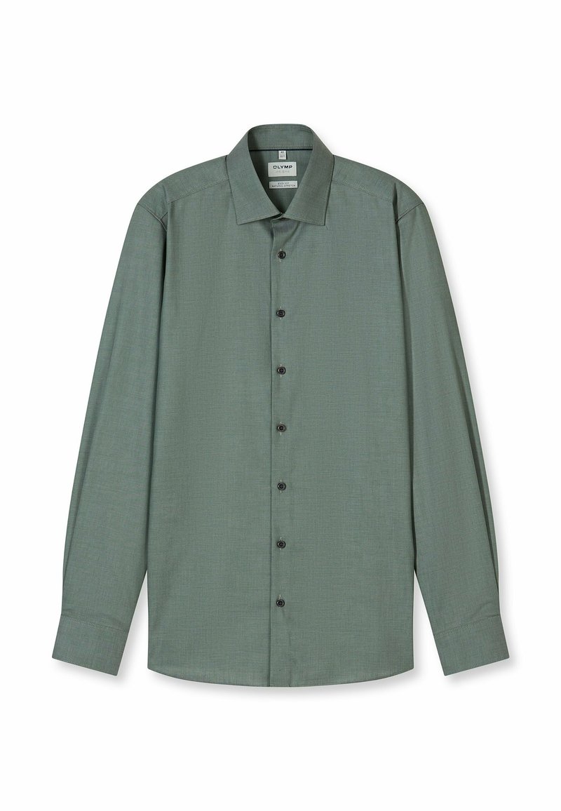 Langärmeliges Hemd aus gedämpft grünem Stoff mit dezentem Muster, klassischem Kragen und schwarzen Knöpfen vorne.