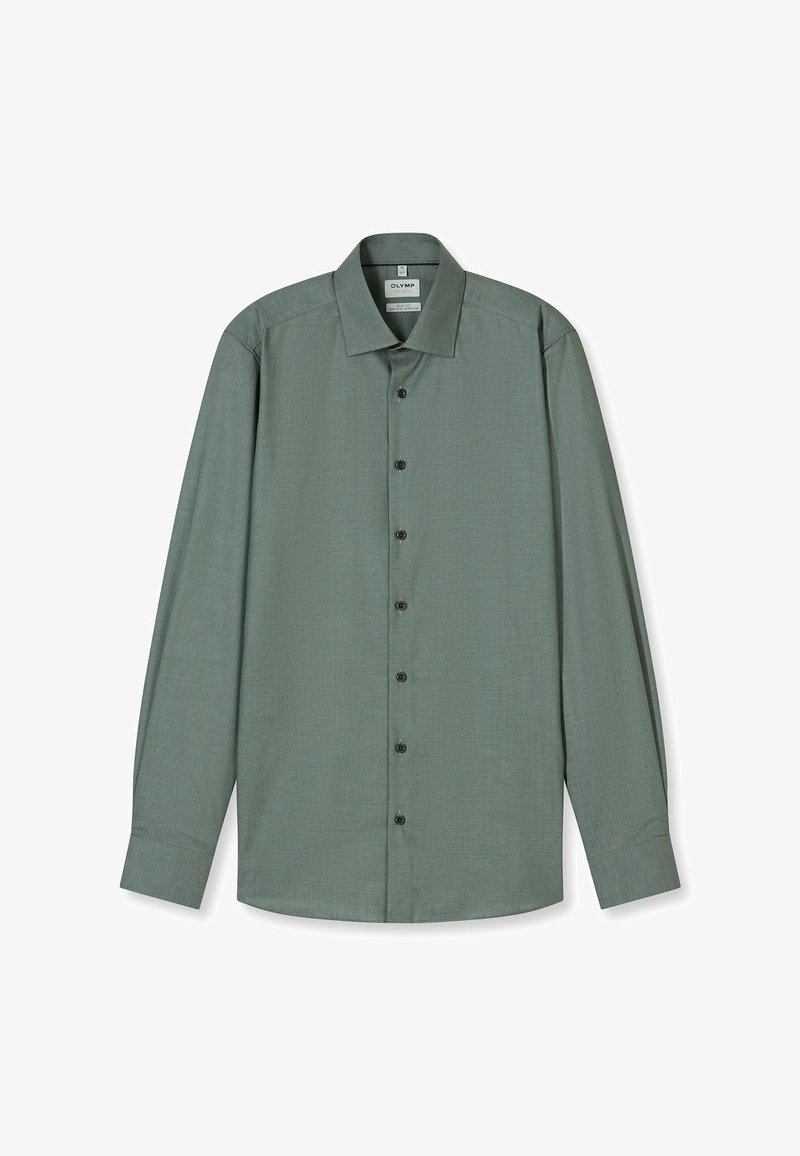 Langärmeliges Hemd aus gedämpft grünem Stoff mit dezentem Muster, klassischem Kragen und schwarzen Knöpfen vorne.