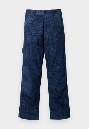 Denim pants in deep blue with a textured, abstract pattern. Features a straight cut, button closure, and side pockets.